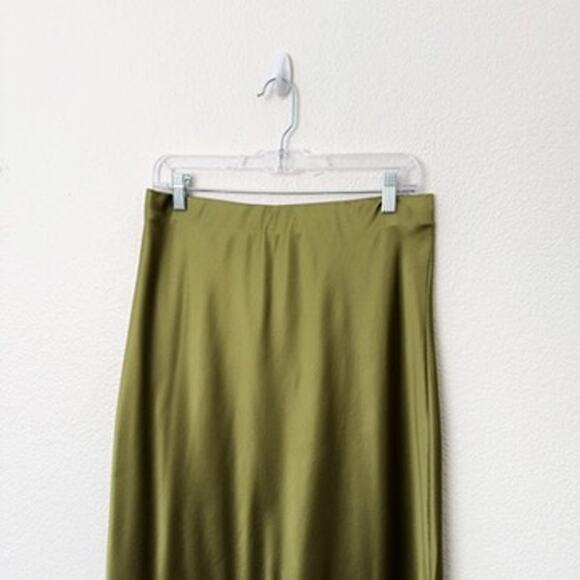 [Serenity] Olive Green Elastic Waist Pull On Silk Satin Midi Slip Skirt NWT XL - Picture 4 of 12